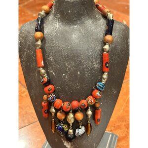 MOROCCAN BERBER CERAMIC WOOD GLASS STAR FLORAL DANGLING BEADS 19" NECKLACE EUC